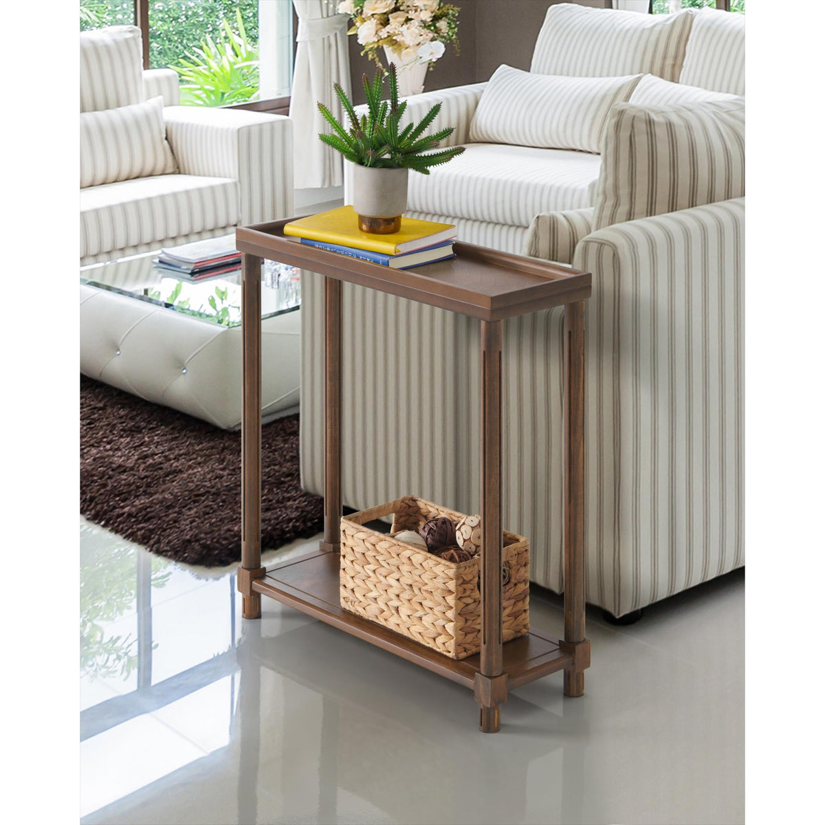 Narrow Side End Tables with Shelf, Set of 2, Antique Chestnut
