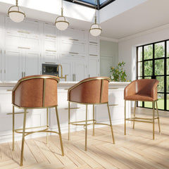 26" Modern Counter Stool,  Tobacco Brown Faux Leather & Gold Steel Frame, 1PC