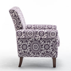 Traditional Rolled Arm Armchair, Solid Birch Wood Frame with Tapered Brown Legs, Polyester Blend Printed Cloth Upholstered Chair with Foam Filled Seat for Living Room Office