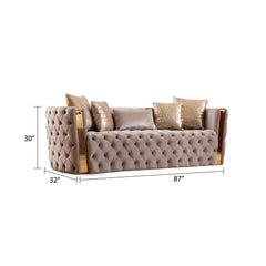 Revelation Button Tufted 3 Pc Set with Velvet Fabric and Gold Accent in Taupe