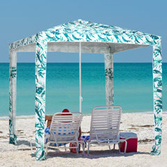 Quick Beach Cabana Canopy Umbrella, 6.5' Easy-Assembly Sun-Shade Shelter with Sandbags and Carry Bag, Cool UV50+ Fits Kids & Family, Green Coconut Palm