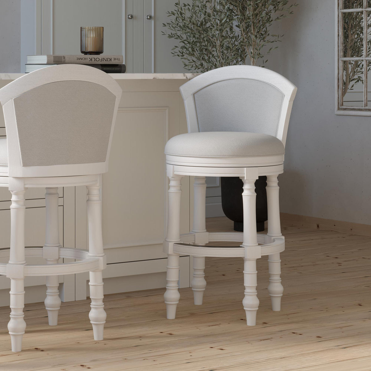 31" Wood Barrel-Back Bar Stool with Swivel and Upholstered Seat and Back, Farmhouse White with Light Gray Seat and Back, 1PC