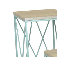 Odysseus 3pc Nesting Plant Stand Table, Brown Wood Top, X Cross Blue Metal