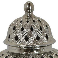 Aurora 18 Inch Temple Jar, Pierced, Carved Lattice Design, Lid, Silver