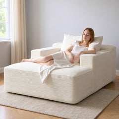 Convertible Chaise Lounge Chair Indoor – Oversized Corduroy Couch with Wide Armrest & Throw Pillows, Cozy Boneless Sleeper Sofa Bed Armchair for Living Room, Bedroom, No Assembly Required, Beige