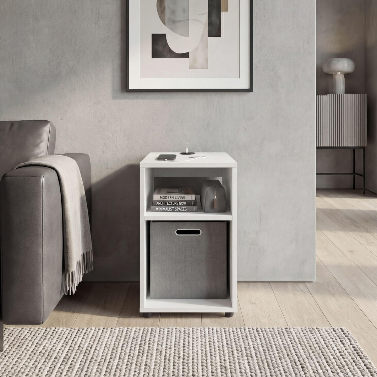 Symphony Lite Side Table and Nightstand with Integrated USB Charging Station and 2 Open Storage Shelves, Compact Side Table