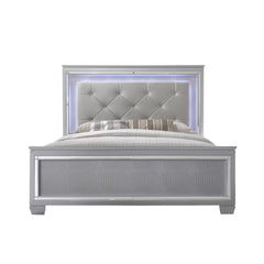 1pc Modern Queen LED Faux Leather Upholstery Panel Bed Beveled Mirror Accents Textured Footboard Silver Beige Finish