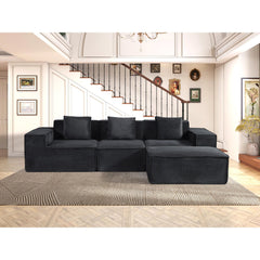 Moon Convertible Corduroy Sectional Couch with Ottoman & Pillows, Modular L Shaped Sleeper Sofa, Boneless Cloud Couch for Living Room Furniture, Black