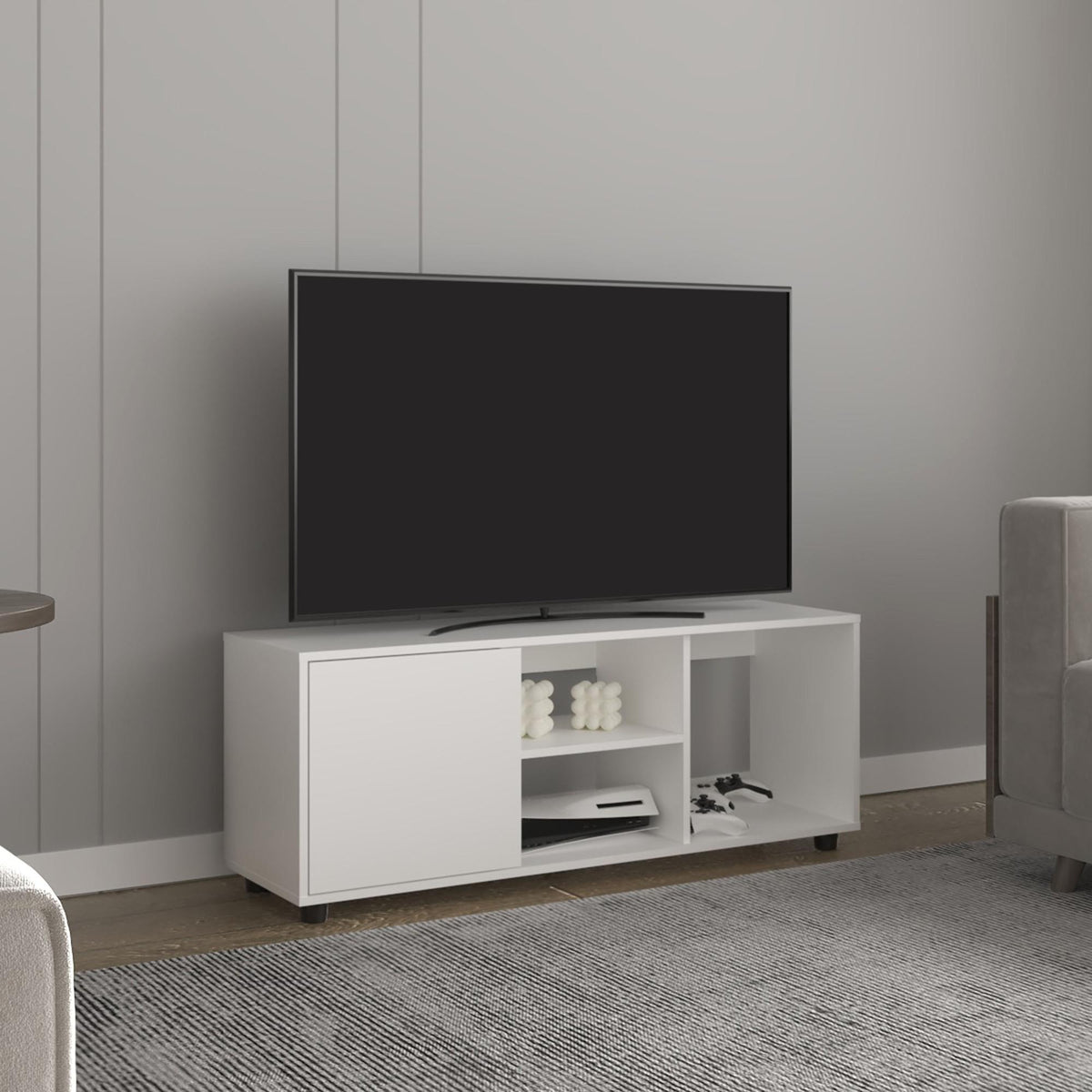 Chronos 51" Wide Tv Stand with One Door Cabinet , Four Open Shelves, Cable Management, Living Room, Tv Room White
