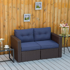 2 Piece Patio Wicker Corner Sofa Set, Outdoor PE Rattan Furniture, with Curved Armrests and Padded Cushions for Balcony, Garden, or Lawn, Dark Blue