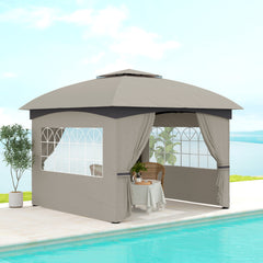 11' x 11' Outdoor Gazebo, Double Roof Patio Gazebo with Curtains, Church Windows, Galvanized Steel Frame, Light Gray