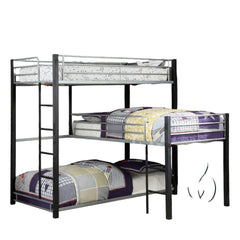 Unique Triple Twin Decker Bed Contemporary Style Full Metal Construction Two Ladders And Guard Rails sand Black Finish