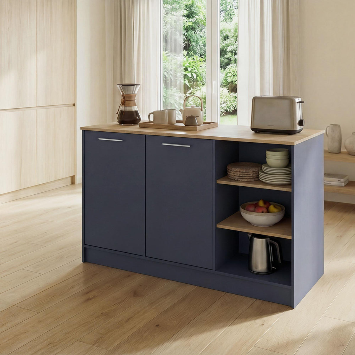 Archive Kitchen Island with Spacious Dining Countertop, Three Open Storage Shelves, Dual Cabinet Doors with Interior Shelves and Functional Floorstanding