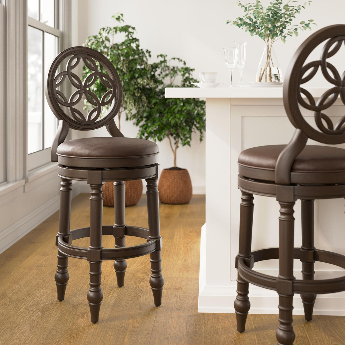 31" Wood Bar Stool with Back and Swivel Upholstered Seat, Distressed Walnut, 1PC