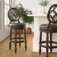 31" Wood Bar Stool with Back and Swivel Upholstered Seat, Distressed Walnut, 1PC