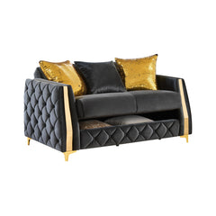 Haven Upholstered Loveseat in Black Fabric with Gold Stainless Steel Legs, Foam Cushioning and Sturdy Wood Frame