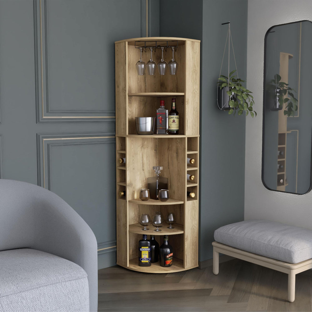 Aura Corner Bar Cabinet with Five Shelves , Eight Bottle Cubbies and Steamware Macadamia