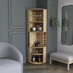 Aura Corner Bar Cabinet with Five Shelves , Eight Bottle Cubbies and Steamware Macadamia