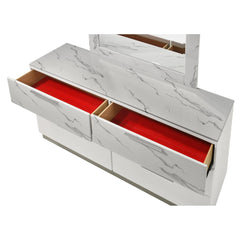 Hecuba Dresser White – Two-Tone High-Gloss Marble & Lacquer Finish with Six Spacious Drawers, Velvet-Lined Interiors (INCLUDES DRESSER ONLY)
