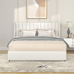 Odyssey Patented 2-Drawers Storage Bed Queen Size Ivory Boucle Upholstered Platform Bed, Tufted Headboard, Wooden Slat Mattress Support, No Box Spring Needed