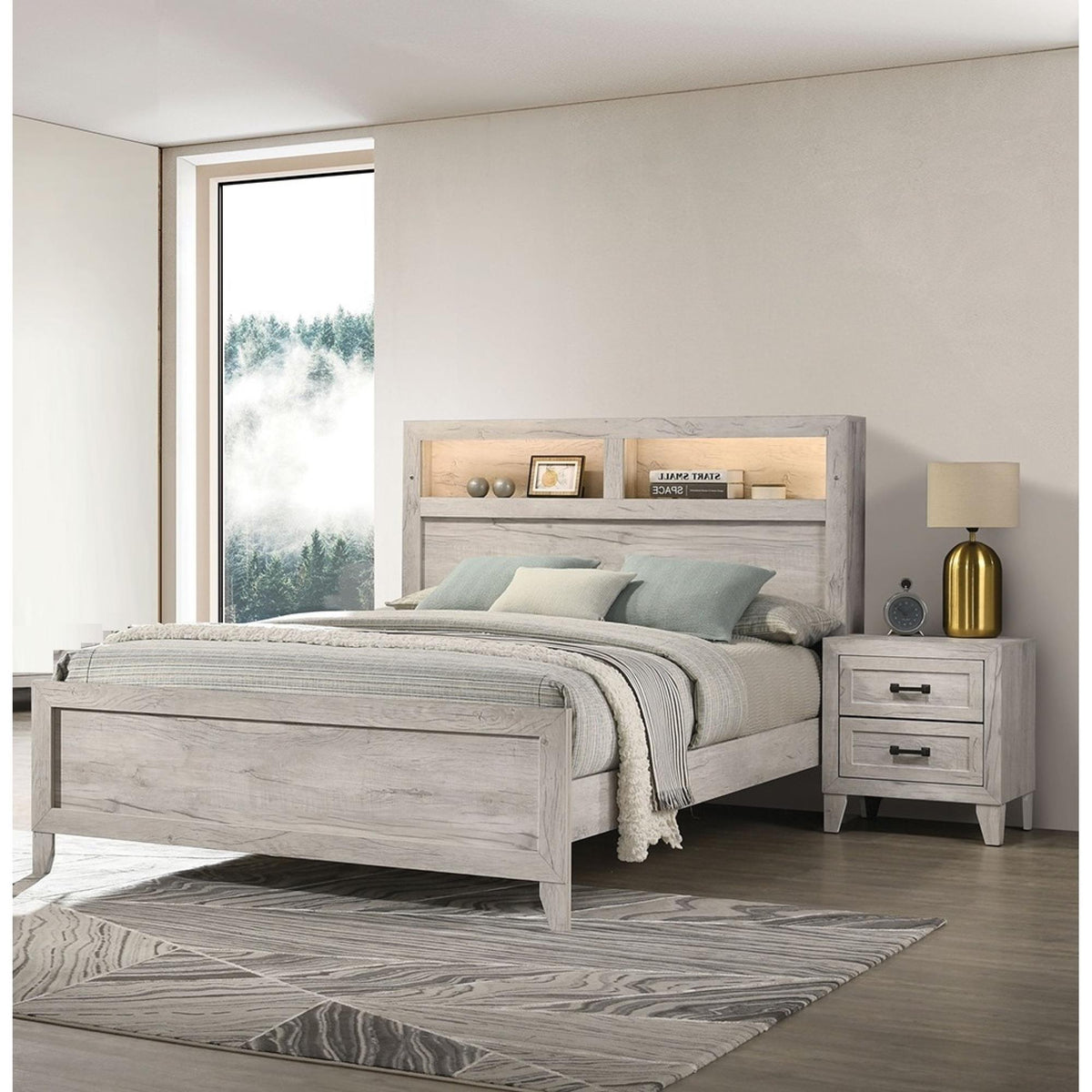 3pc Bedroom Furniture White wash Finish Queen Size Bed w Shelf Light 2x Nightstands Melamine Top Black Bar Pull