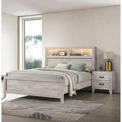 3pc Bedroom Furniture White wash Finish Queen Size Bed w Shelf Light 2x Nightstands Melamine Top Black Bar Pull