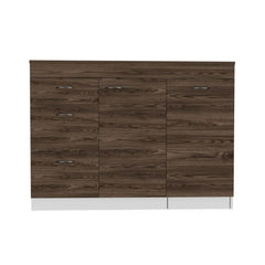 Display Kitchen Base Cabinet,Three Drawers, Two Internal Shelves -White / Dark Walnut