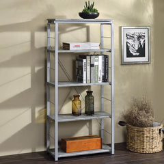 Metal Shelving Unit Bookshelf 1pc Home Office Furniture Wooden Storage Rack Shelves, Faux Concrete & Silver Finish