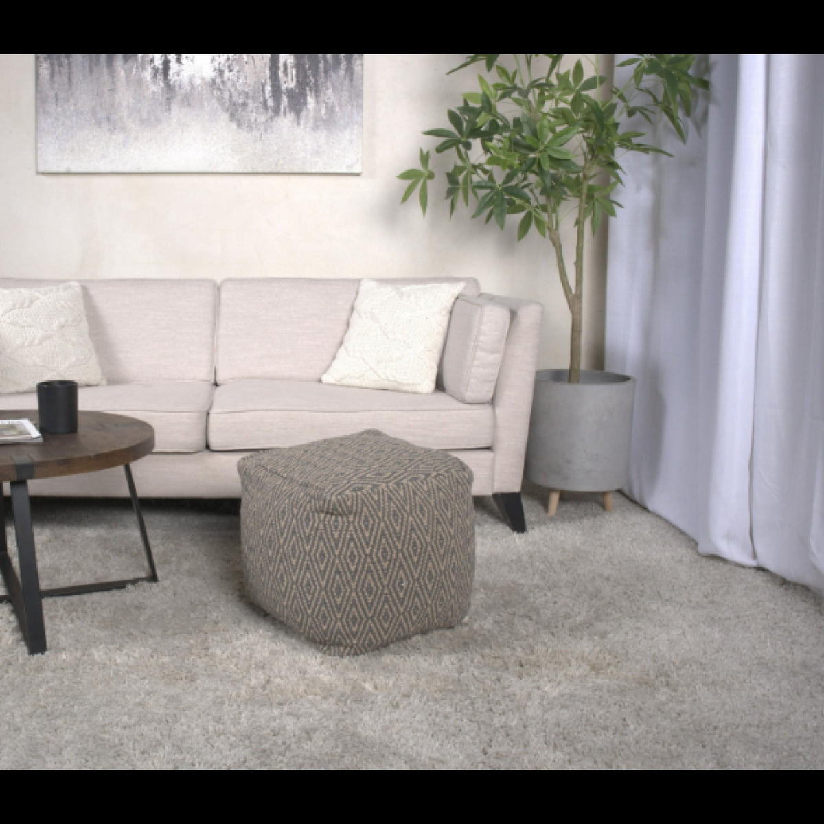 Summit Hand - Loomed Cotton Pouf, Dark Grey and Brown
