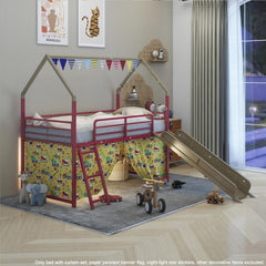 Agamemnon Metal Junior House Twin Loft Bed with Slide and Curtain Set, Super Hero Color Gold and Red