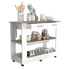 Astyanax Kitchen Island 46, Six Casters, Two Drawers, Lower Open Shelf -White / Light Oak