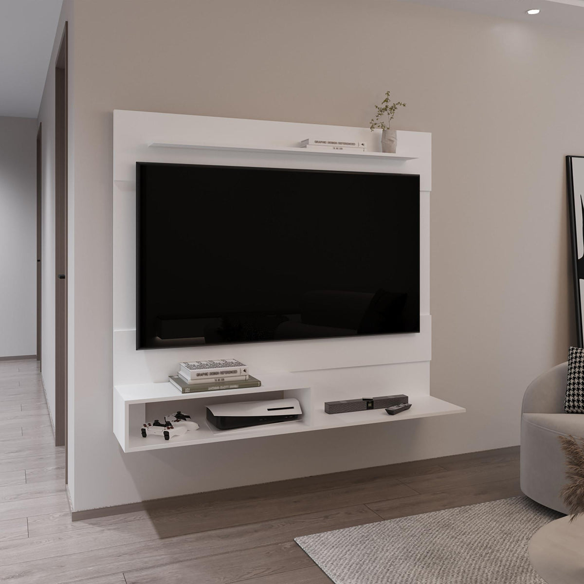 Odyssey Floating Entertainment Center, One Superior Shelf, Two Shelves, Space For Tv, White