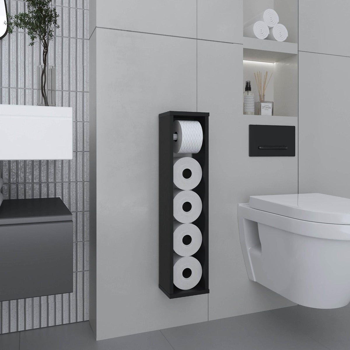 Vista 28" High Toilet Paper Holder Narrow Shelf Organizer for Bathroom, Living Room, Kitchen