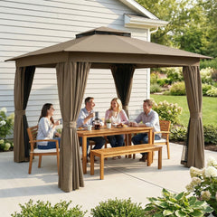 10' x 10' Outdoor Patio Gazebo, Soft Top Gazebo Canopy Shelter with Curtains, Netting, Steel Frame, Hook, Khaki