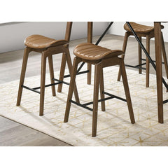 2pc Counter Height Chair Solid Base Metal Footrest Contoured Saddle Seats Walnut Finish Dining Room
