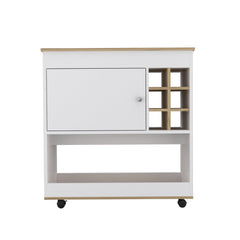 Chronos Bar Cart, Six Bottle Cubbies, One Cabinet, Four Casters, Light Oak / White