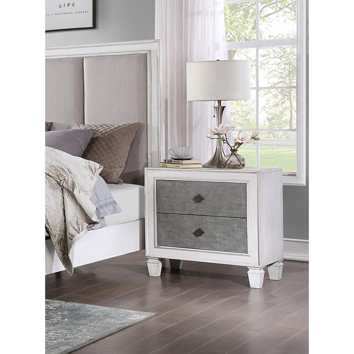 Modern Rustic White and Gray Finish 2-Drawers Nightstand Wooden Bedroom Furniture 1pc Farmhouse Style