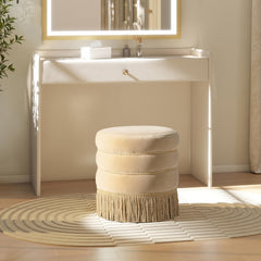 Neptune 17.5" Round Upholstered Ottoman with Bullion Fringe Fawn Brown Performance Velvet