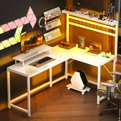 61.6" L Shaped Gaming Desk with Power Outlets & LED Lights, Computer Desk with Monitor Stand and CPU Shelf, White