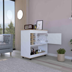 Helen Bar Cart, Lower Panel, Six Bottle Cubbies, One Cabinet -Light Oak / White