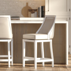 Swivel 26"H Counter-Height Bar Stool with Tall Back, White with Gray Faux-Leather Seat, 1PC
