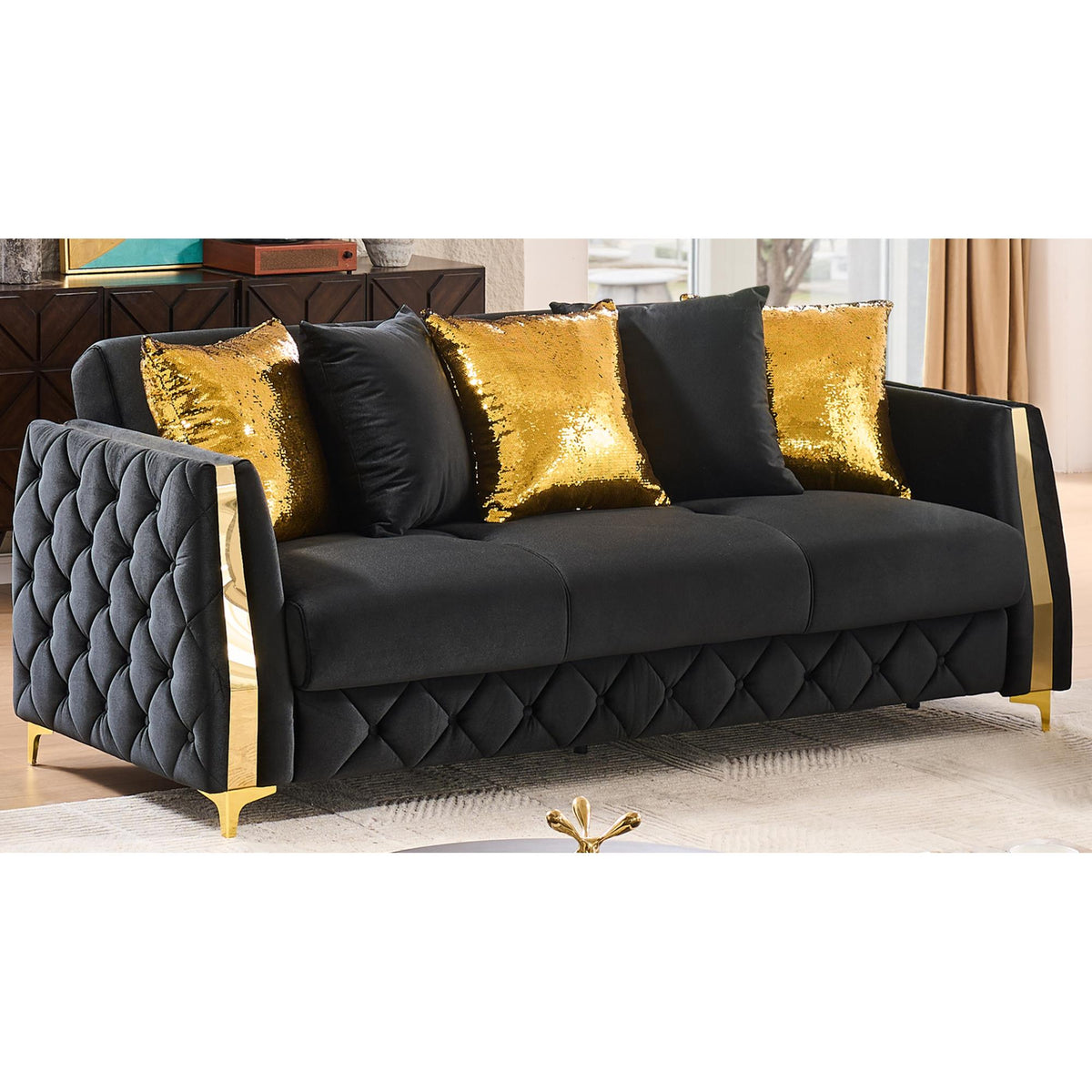 Haven Upholstered Sofa in Black Fabric with Gold Stainless Steel Legs, Foam Cushioning and Sturdy Wood Frame