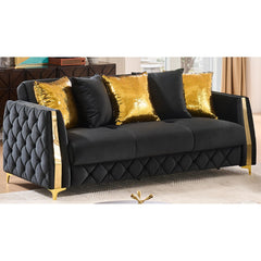 Haven Upholstered Sofa in Black Fabric with Gold Stainless Steel Legs, Foam Cushioning and Sturdy Wood Frame