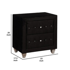 Priam Nightstand, 2 Drawers with Crystal Knobs, Black Velvet Upholstery