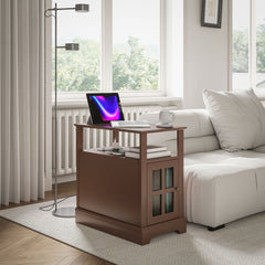 Narrow Side Table End Table with Charging Station, USB Ports, Modern End Table with Storage for Living Room, Brown