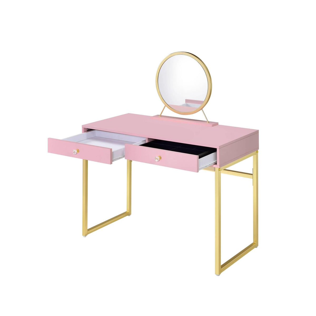 Aura Pink & Gold Finish Vanity Desk W/Mirror & Jewelry Tray