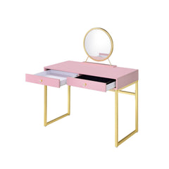 Aura Pink & Gold Finish Vanity Desk W/Mirror & Jewelry Tray