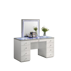 Contemporary Style 1pc Vanity Tempered Glass Top Ball Bearing Glides High Gloss Finish Stainless Steel Beveled Mirror White Finish Bedroom Furniture