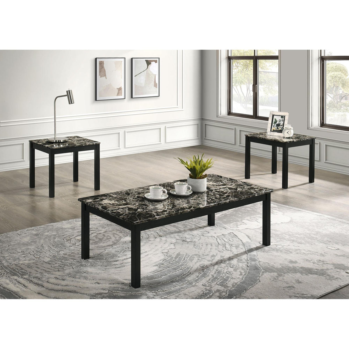 Contemporary Style 3pc Table Set 1x Coffee Table 2x End Table Faux Marble Top Wooden Legs Black And White Finish Primary Living Room