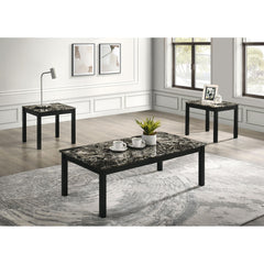 Contemporary Style 3pc Table Set 1x Coffee Table 2x End Table Faux Marble Top Wooden Legs Black And White Finish Primary Living Room